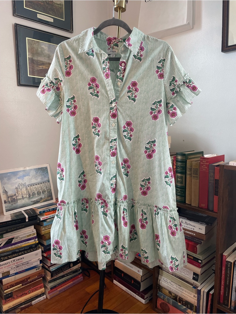 J. Crew Green Striped Button-Up with Pink Floral Print